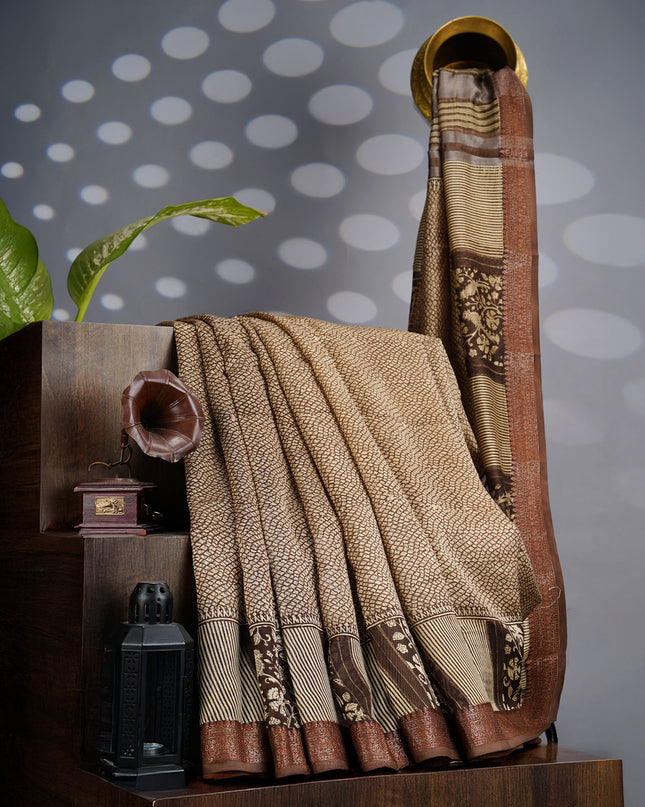 Muslin Silk Saree with Antique Zari Border- Coffee Brown