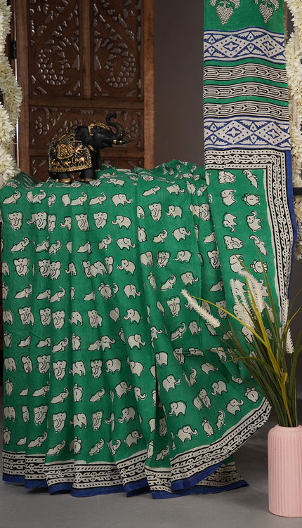 Mul cotton saree with Elephant print butties and contrast border - Bottle Green
