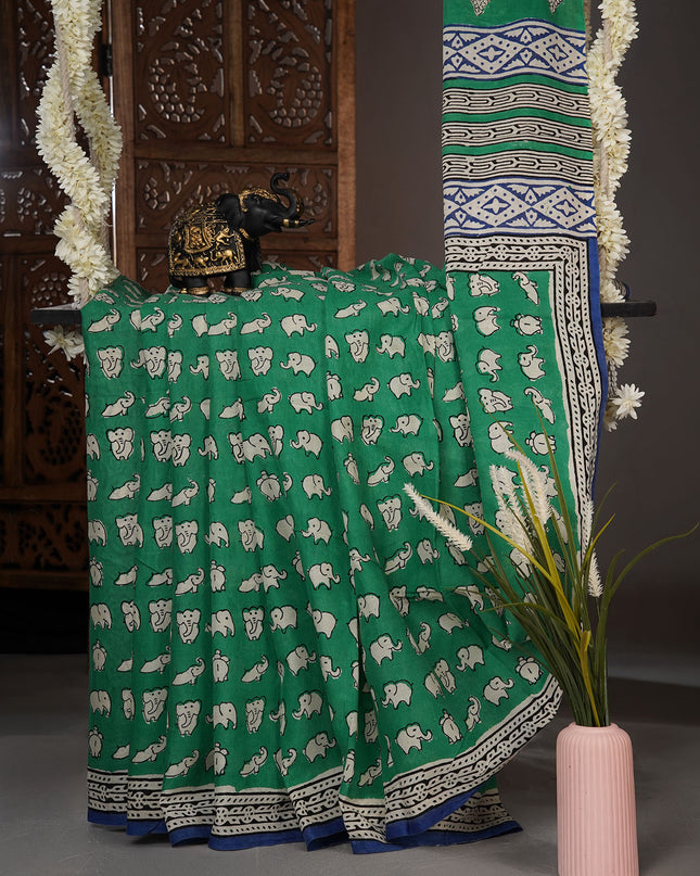 Mul cotton saree with Elephant print butties and contrast border - Bottle Green