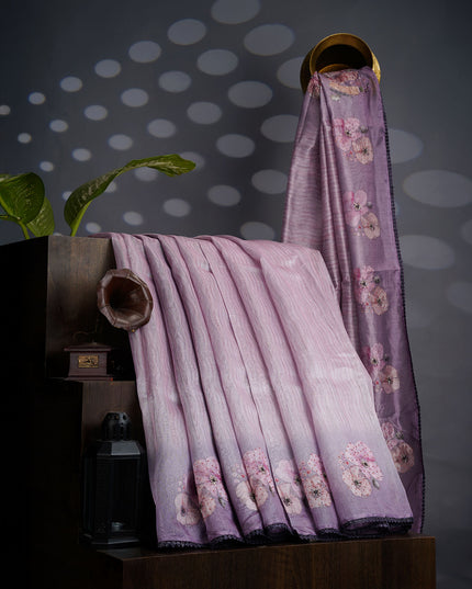 Tissue Lenin Saree with Floral Print and Kardana Work and Lace Border- Light Purple