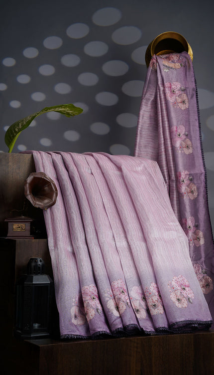 Tissue Lenin Saree with Floral Print and Kardana Work and Lace Border- Light Purple