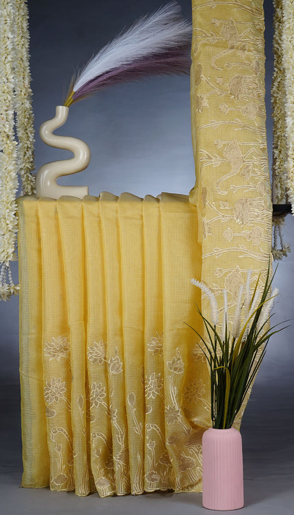 Kota Silk Saree With Applique Work and Scallop Border - Yellow