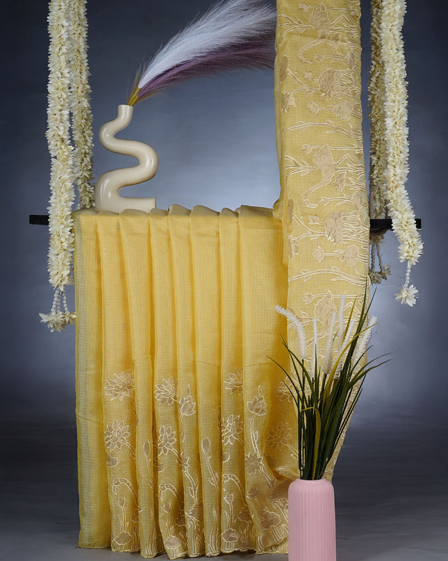 Kota Silk Saree With Applique Work and Scallop Border - Yellow