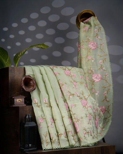 Tissue Lenin Saree with Thread Embroidery Work and Lace Border- Sage Green