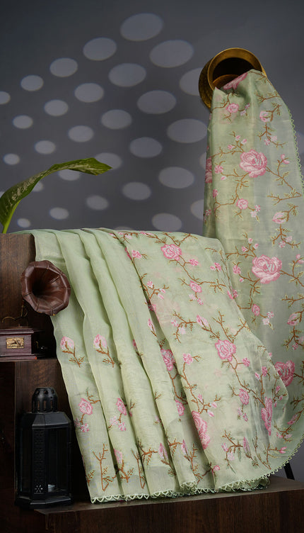 Tissue Lenin Saree with Thread Embroidery Work and Lace Border- Sage Green