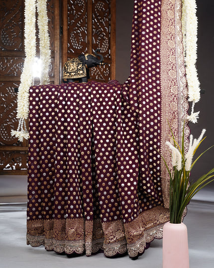 Banarasi Kaddi Georgette Saree With Gold & Silver Polka Dot With Scallop Border - Wine