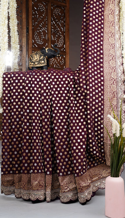 Banarasi Kaddi Georgette Saree With Gold & Silver Polka Dot With Scallop Border - Wine