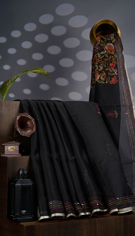Kota Silk Saree with Kantha Work- Black
