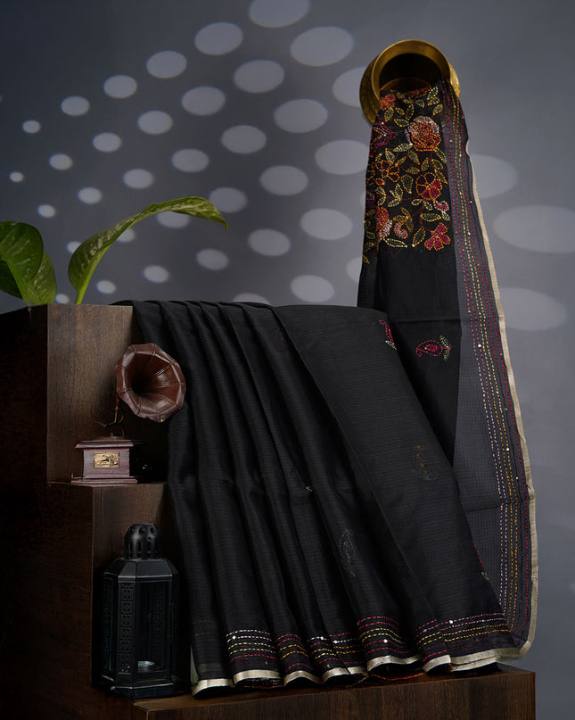 Kota Silk Saree with Kantha Work- Black