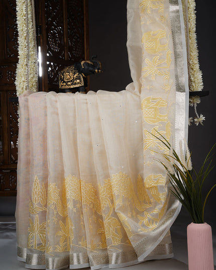 Kota Silk Saree with Mirror Work Applique Work with Silver Border - C Mustered