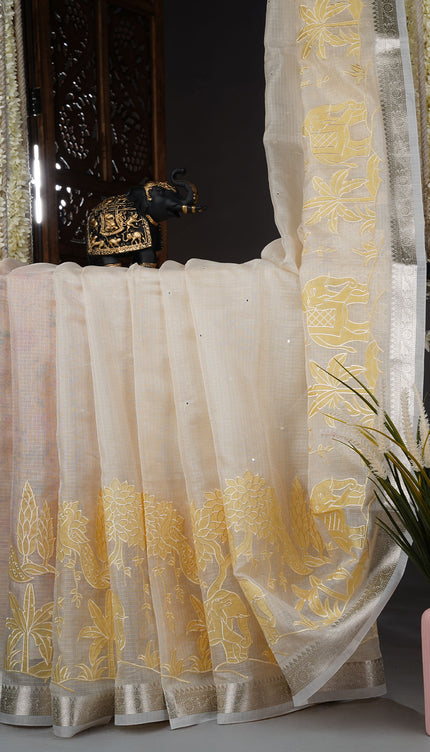 Kota Silk Saree with Mirror Work Applique Work with Silver Border - C Mustered