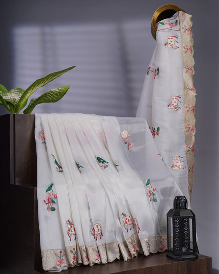 Tissue Soft Organza Silk with Zari & Thread Embroidery, Pichwai design - White