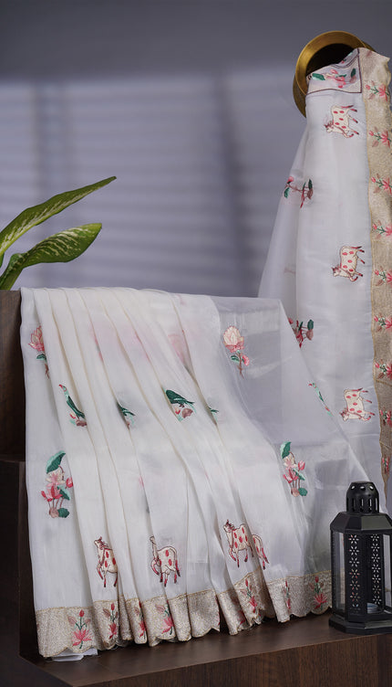 Tissue Soft Organza Silk with Zari & Thread Embroidery, Pichwai design - White