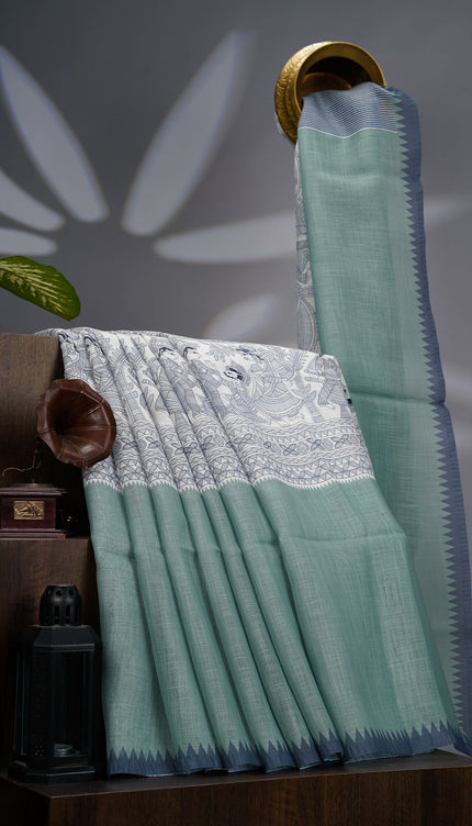 Lenin Silk Saree with Madhubhani Print Contrast Border- Green