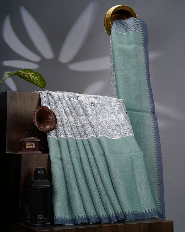 Lenin Silk Saree with Madhubhani Print Contrast Border- Green