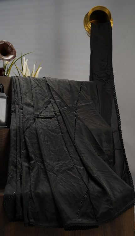 Italian Crape With Kardhana Hand Work Lace Border - Black