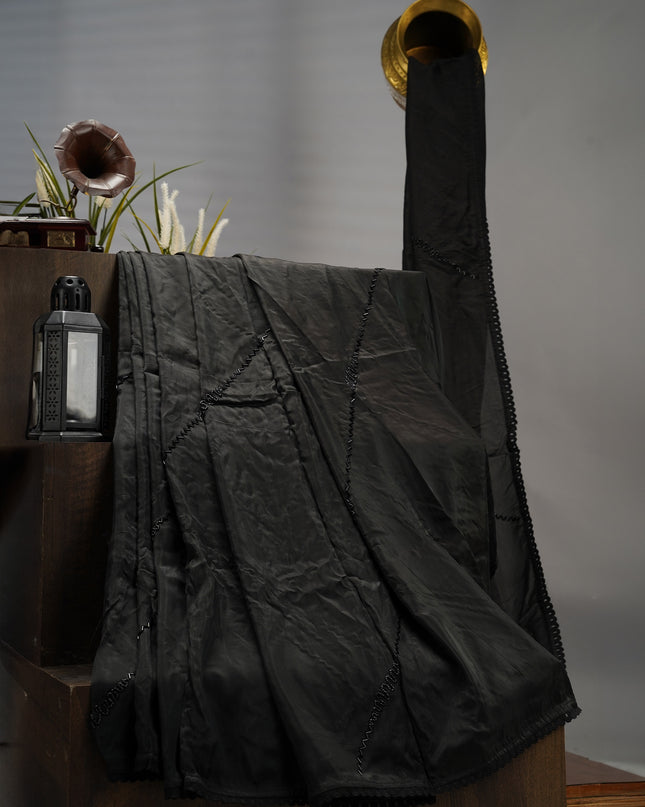 Italian Crape With Kardhana Hand Work Lace Border - Black