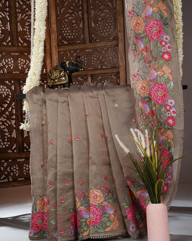 Linen saree with thread work butties and lace border - Grey