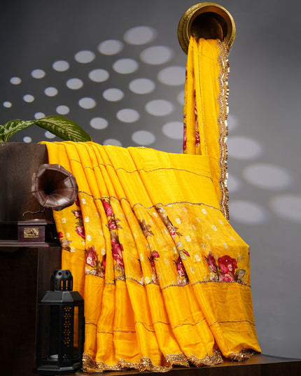 Crepe Saree With Floral Print Scallop Border Kardhana Sequence Work - Yellow