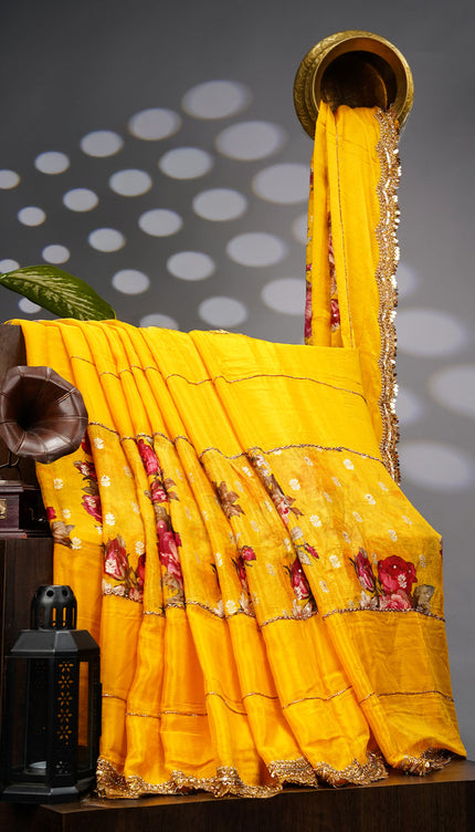 Crepe Saree With Floral Print Scallop Border Kardhana Sequence Work - Yellow