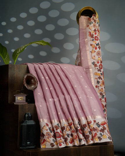 Tissue Kota Saree with Gold Butties and Contrast Floral Print Border- Onion Pink