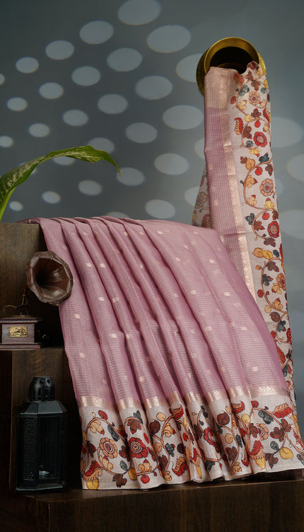 Tissue Kota Saree with Gold Butties and Contrast Floral Print Border- Onion Pink
