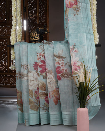 Kota cotton Saree with Floral Print - Sky Blue