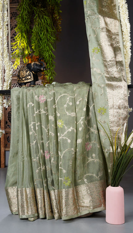 Banaras Silk Saree with Allover Meenakari Weaving and Gold Border- Sage Green