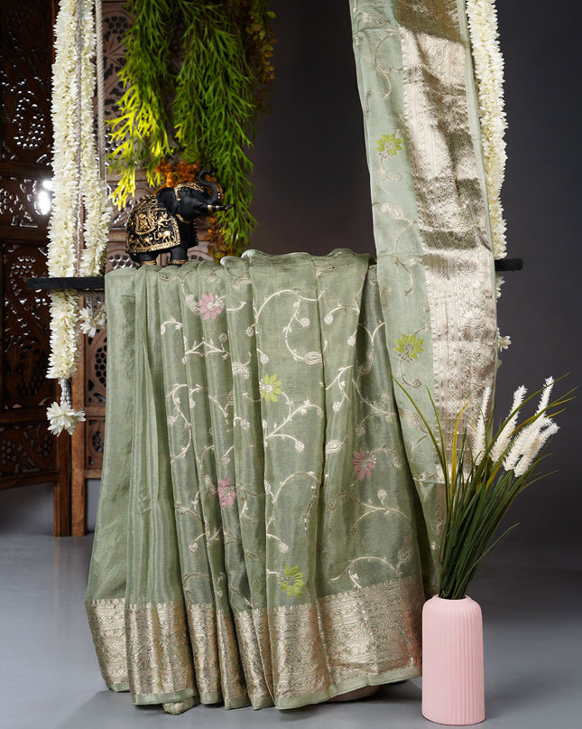 Banaras Silk Saree with Allover Meenakari Weaving and Gold Border- Sage Green