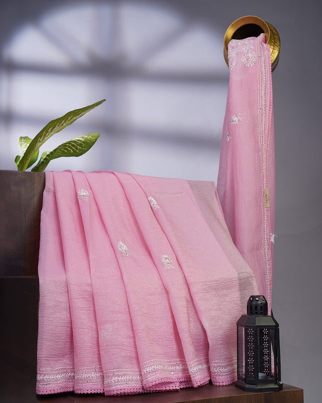 Crush Organza With Kantha Work & Lace Border - Pink