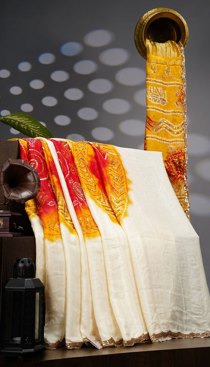 Satin Silk Saree With Kardhana Sequence Work & Scallop Border - Yellow