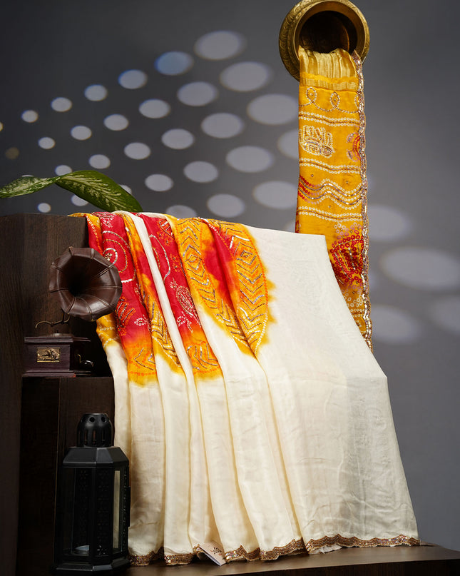 Satin Silk Saree With Kardhana Sequence Work & Scallop Border - Yellow