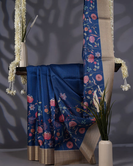 Tusser Silk Saree Floral Print Contrast Border- Blue