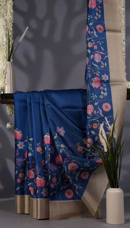 Tusser Silk Saree Floral Print Contrast Border- Blue