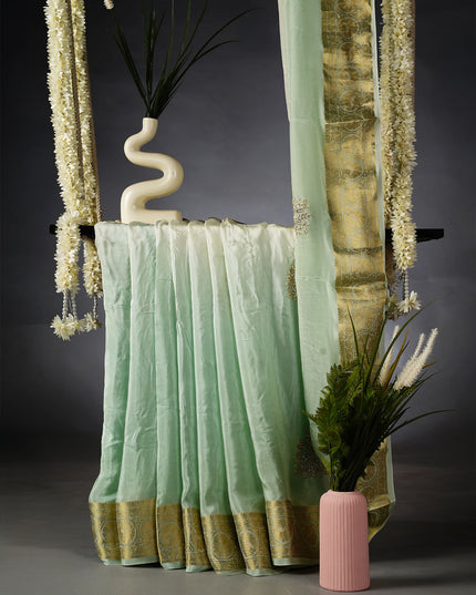 Russion Crepe Pull and Kardhana Buttis Golden Stripes Border - Sea Green