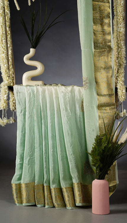 Russion Crepe Pull and Kardhana Buttis Golden Stripes Border - Sea Green