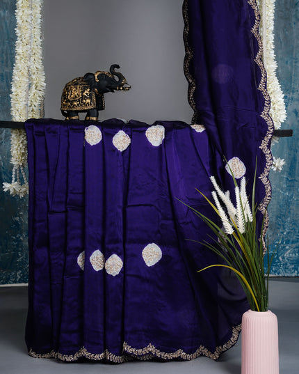 Russian Silk Zardozi Work with Scallop Border - Blue