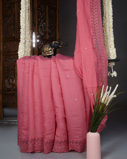Mul Chanderi saree with Mirror work and lace Border - Onion Pink