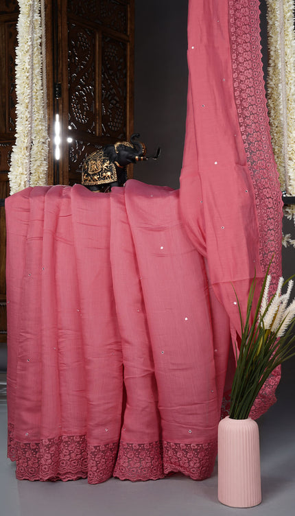Mul Chanderi saree with Mirror work and lace Border - Onion Pink