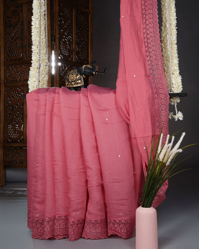 Mul Chanderi saree with Mirror work and lace Border - Onion Pink