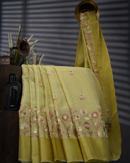 Jute Lenin with Thread Embroidery Butties and Satin Border- Pista Green