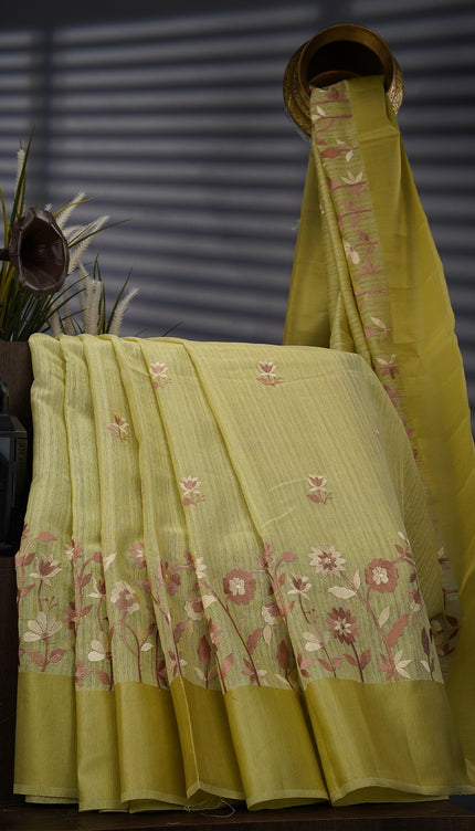 Jute Lenin with Thread Embroidery Butties and Satin Border- Pista Green