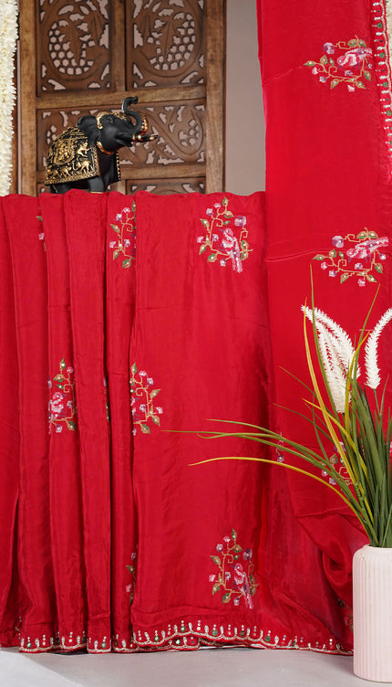 Italian crepe saree with thread Embroidered work butties and scallop border Kardhana work - Red