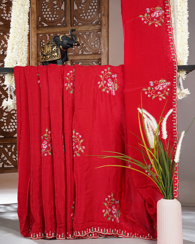 Italian crepe saree with thread Embroidered work butties and scallop border Kardhana work - Red