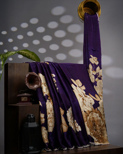 Binny Crepe Saree Floral Print Scallop Border Kardhana Sequence Work - Violet