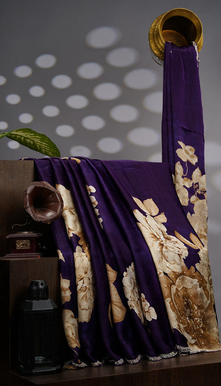 Binny Crepe Saree Floral Print Scallop Border Kardhana Sequence Work - Violet