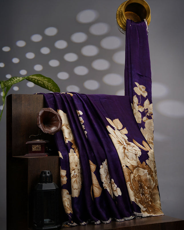 Binny Crepe Saree Floral Print Scallop Border Kardhana Sequence Work - Violet
