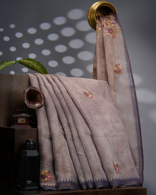 Tissue Linen Saree With Kantha Work & Contrast Border - Peach
