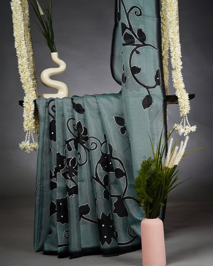 Kota Silk Saree with Floral Print and Ari Work with Lace Border- Mint Green