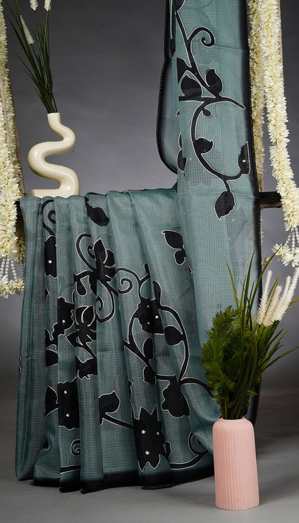 Kota Silk Saree with Floral Print and Ari Work with Lace Border- Mint Green